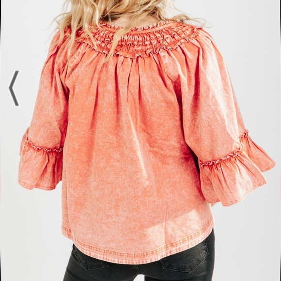 Free People Peach Flutter Sleeve Blouse with Smocked Ruffles Boho Bohemian Baggy - Picture 2 of 12